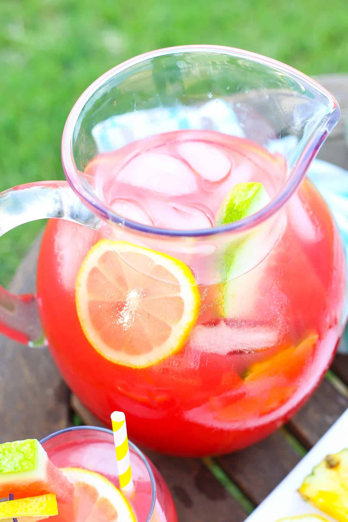 A pitcher of tropical watermelon lemonade cocktail.