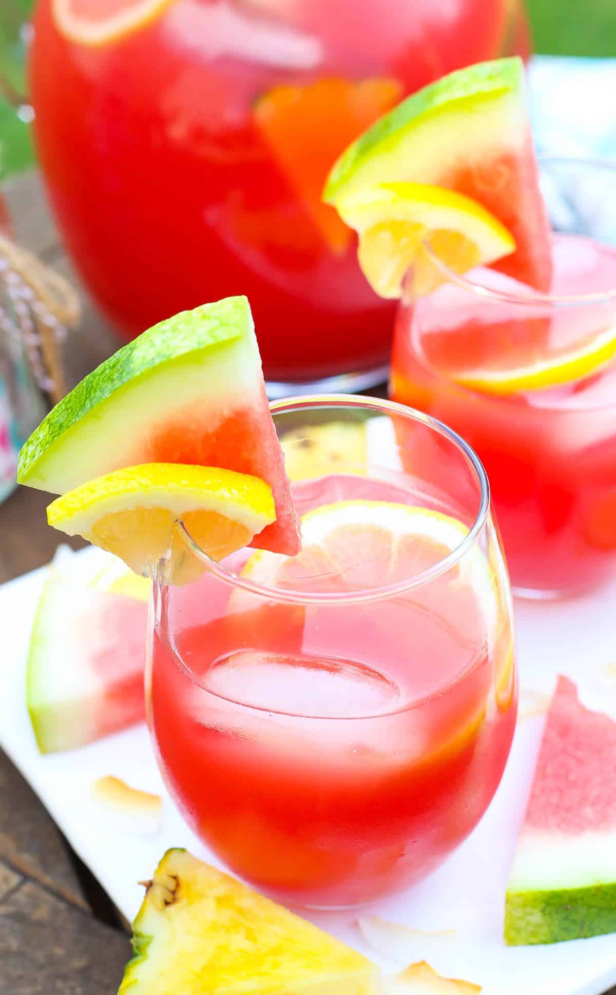 Close up of a tropical watermelon lemonade cocktail.