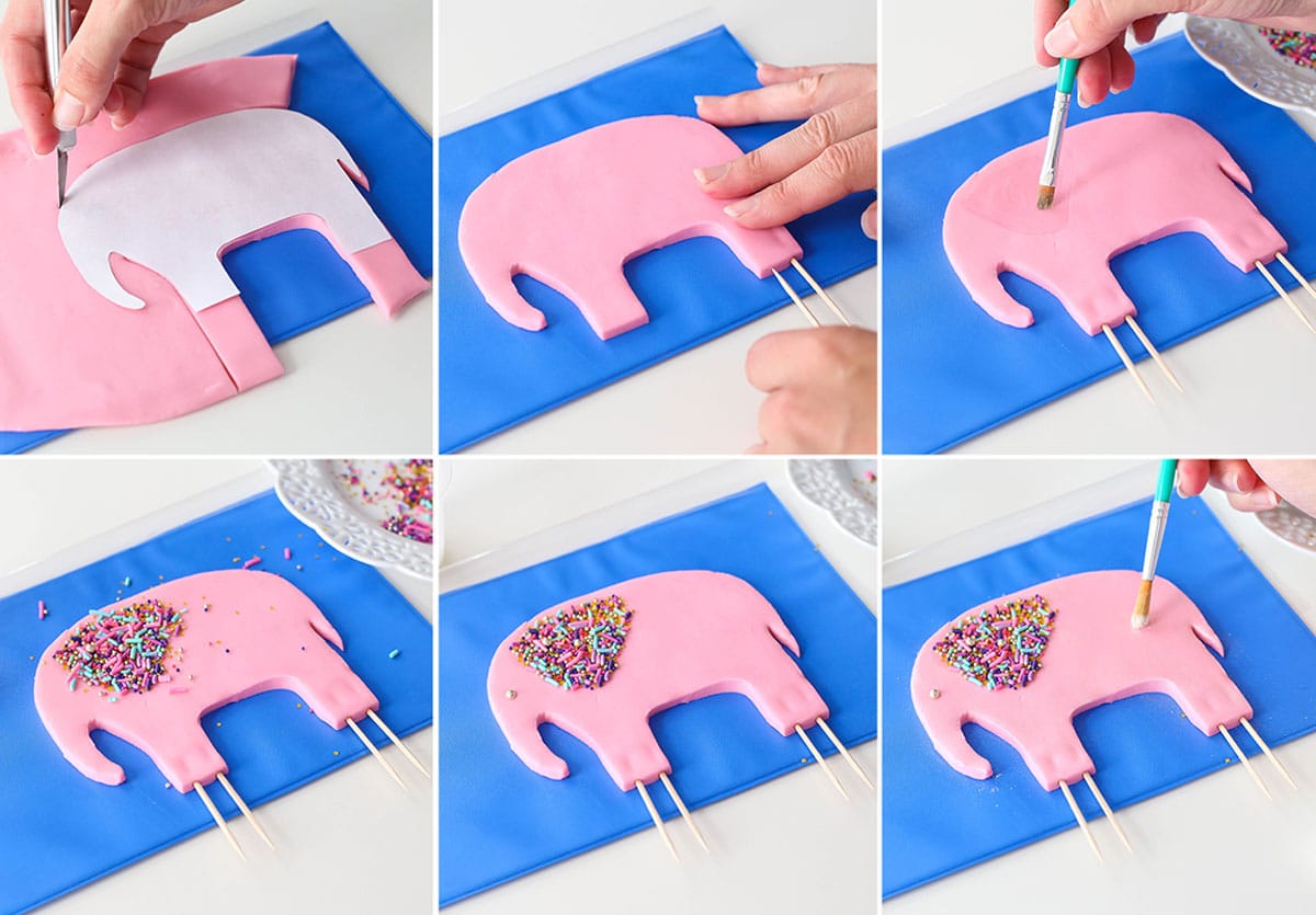 Six photo collage of how to make a pink fondant elephant cake topper.
