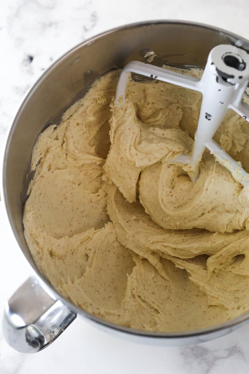 brown butter buttercream in mixing bowl