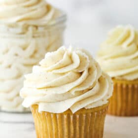 brown butter buttercream piped onto cupcake