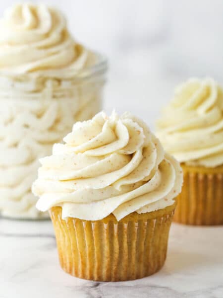 brown butter buttercream piped onto cupcake
