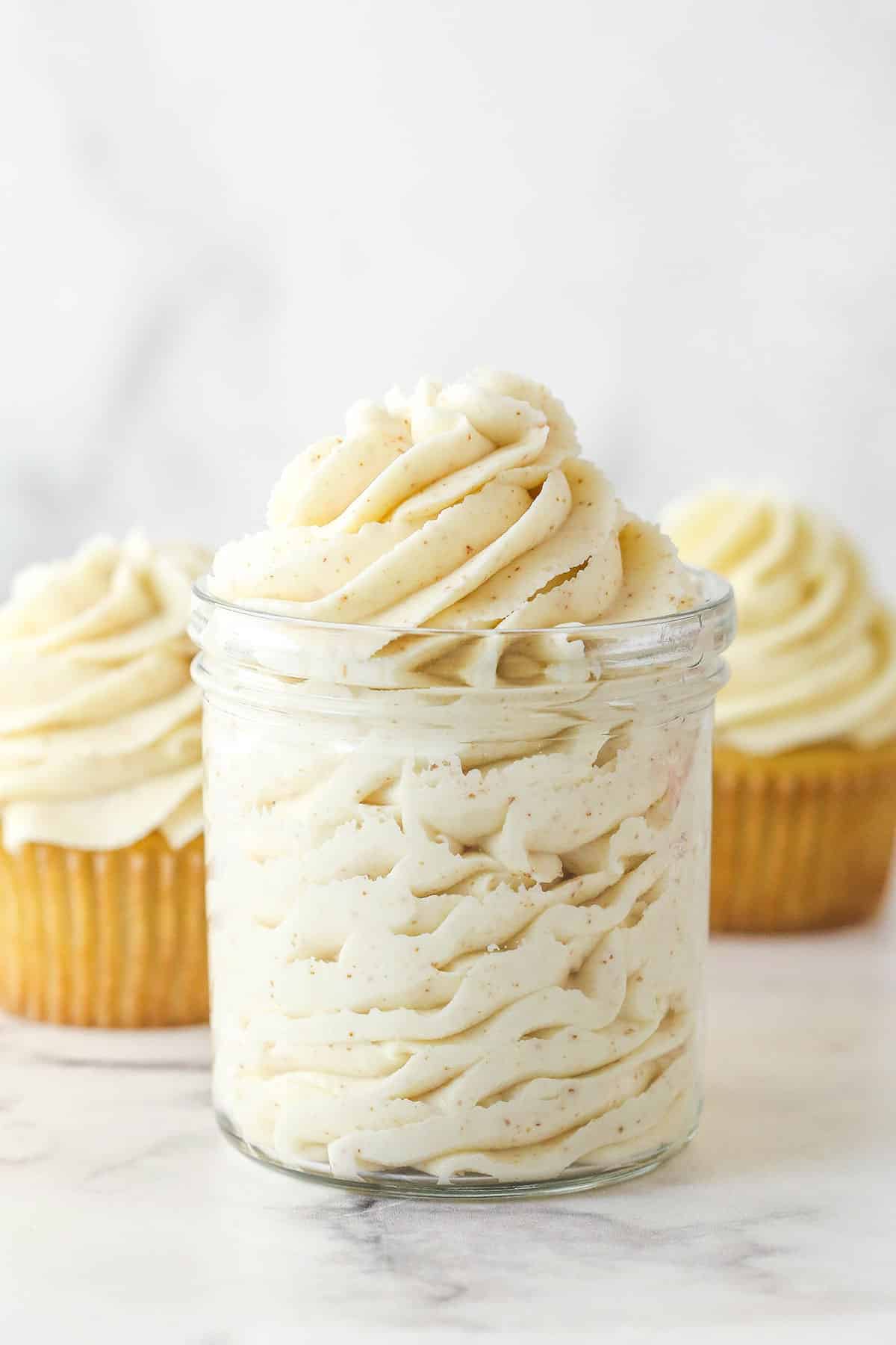 brown butter buttercream in a glass jar