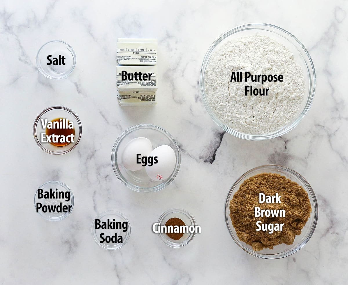 These brown sugar cutout cookies are the best! Browning the butter gives them a nutty, caramelized flavor and a dreamy, soft, chewy texture. Labeled ingredients for brown sugar cut out cookies.