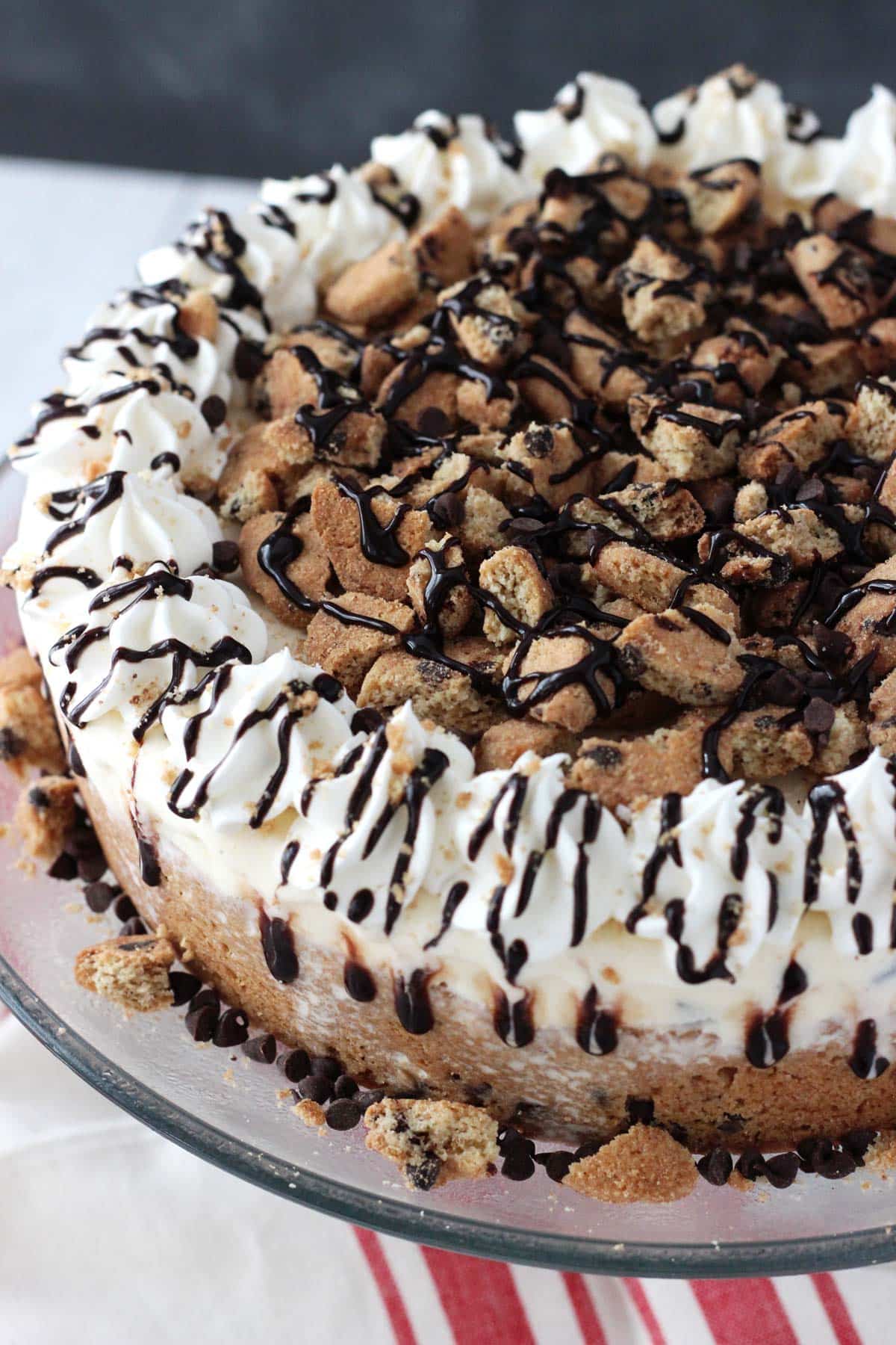 Top view of a chocolate chip cookie ice cream cake.