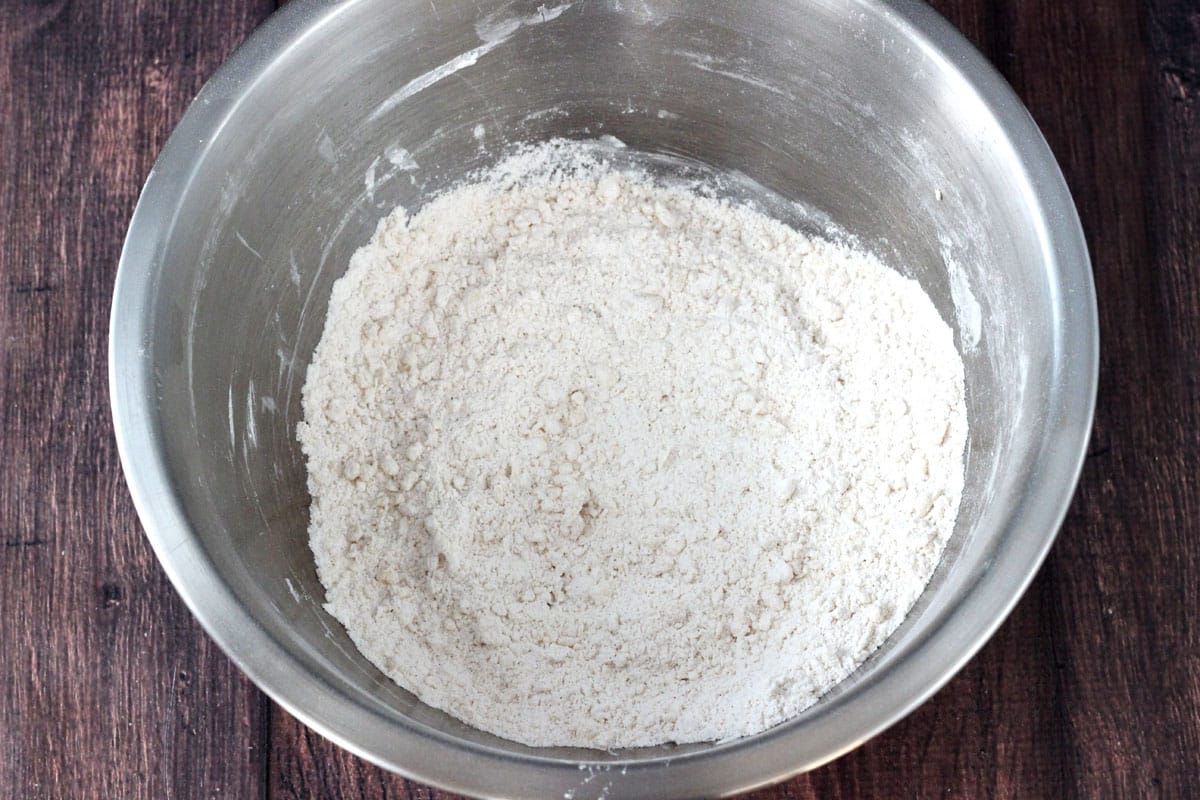 Biscuit dough after butter has been cut into it.