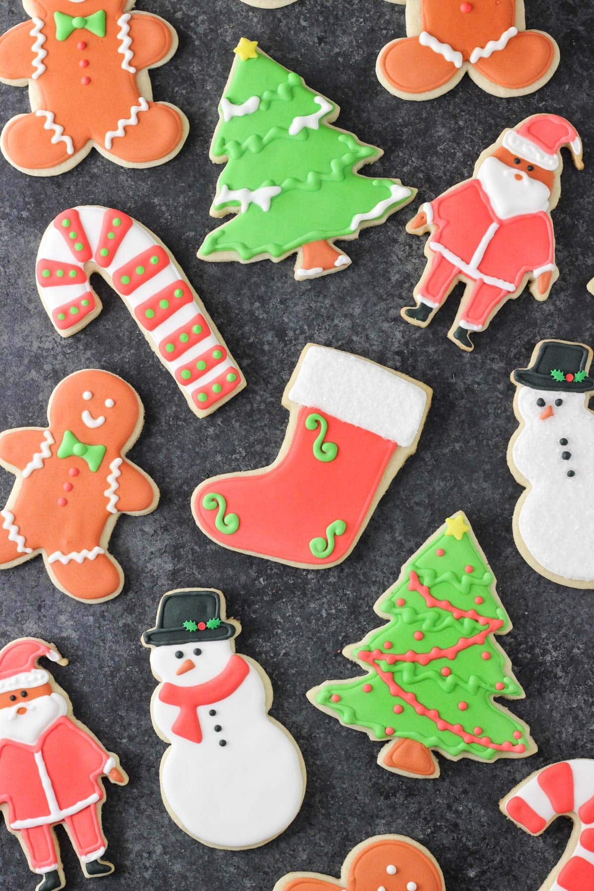 Top view of decorated cutout sugar cookies.