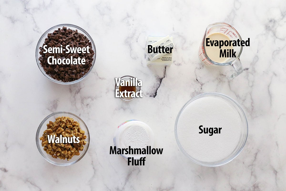 Labeled ingredients for fantasy fudge recipe.