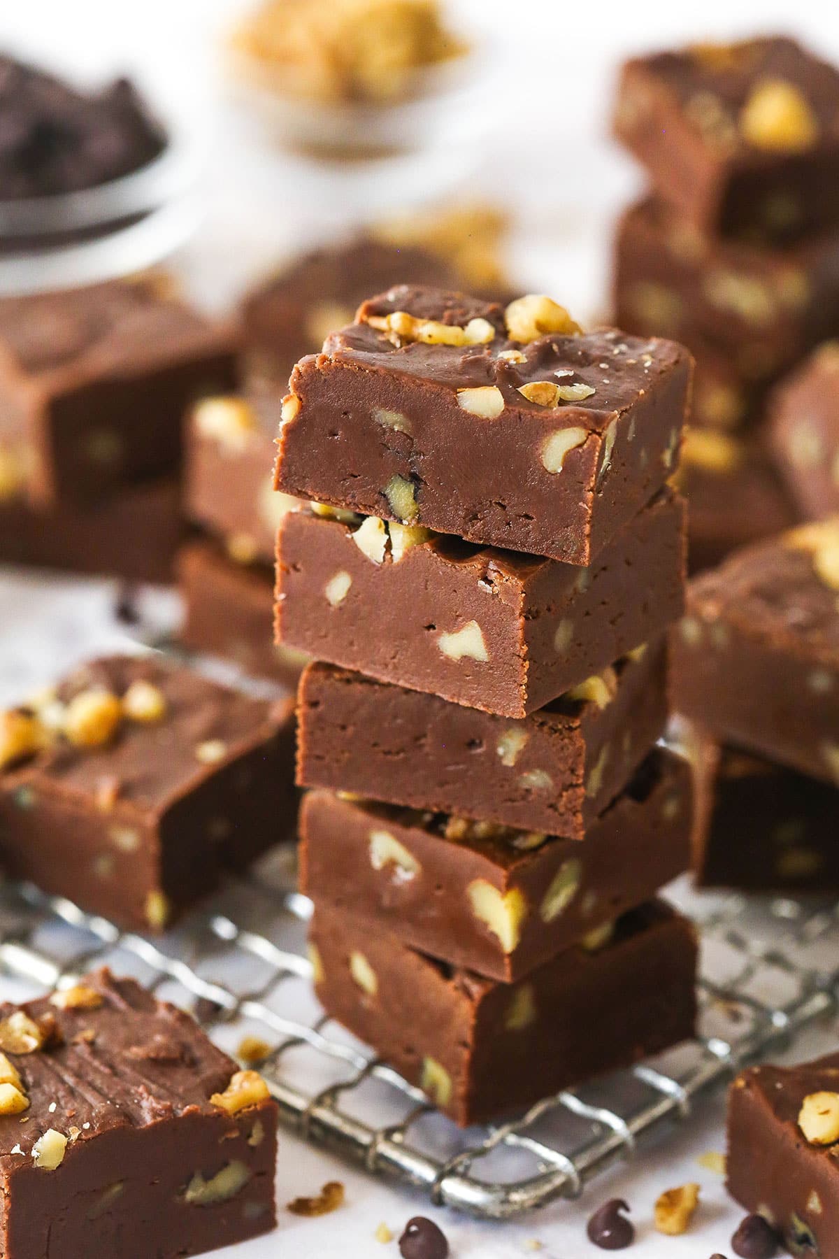 A stack of fantasy fudge on a wire rack.