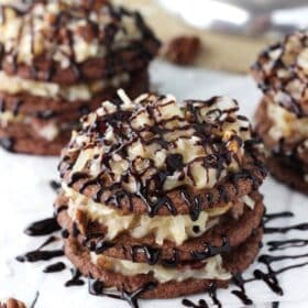 Close up of a German chocolate cookie stack.