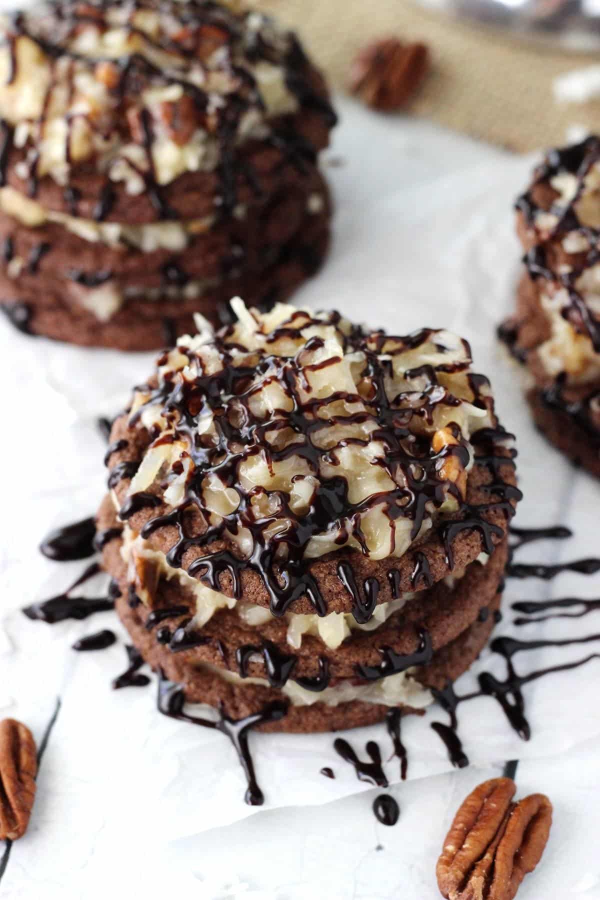Side view of a German chocolate cookie stack.
