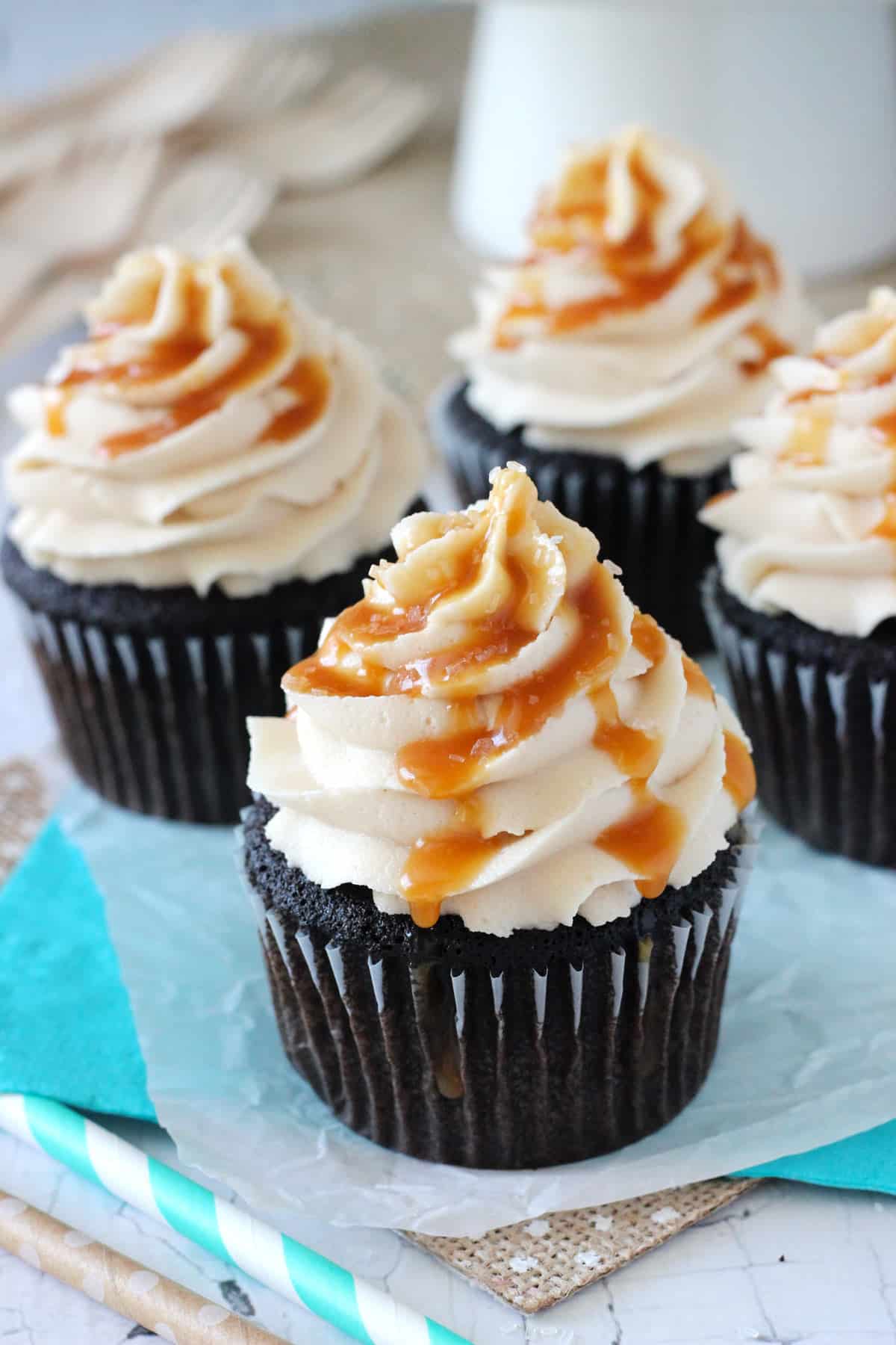 Close up of Kahlua chocolate cupcakes with salted caramel.