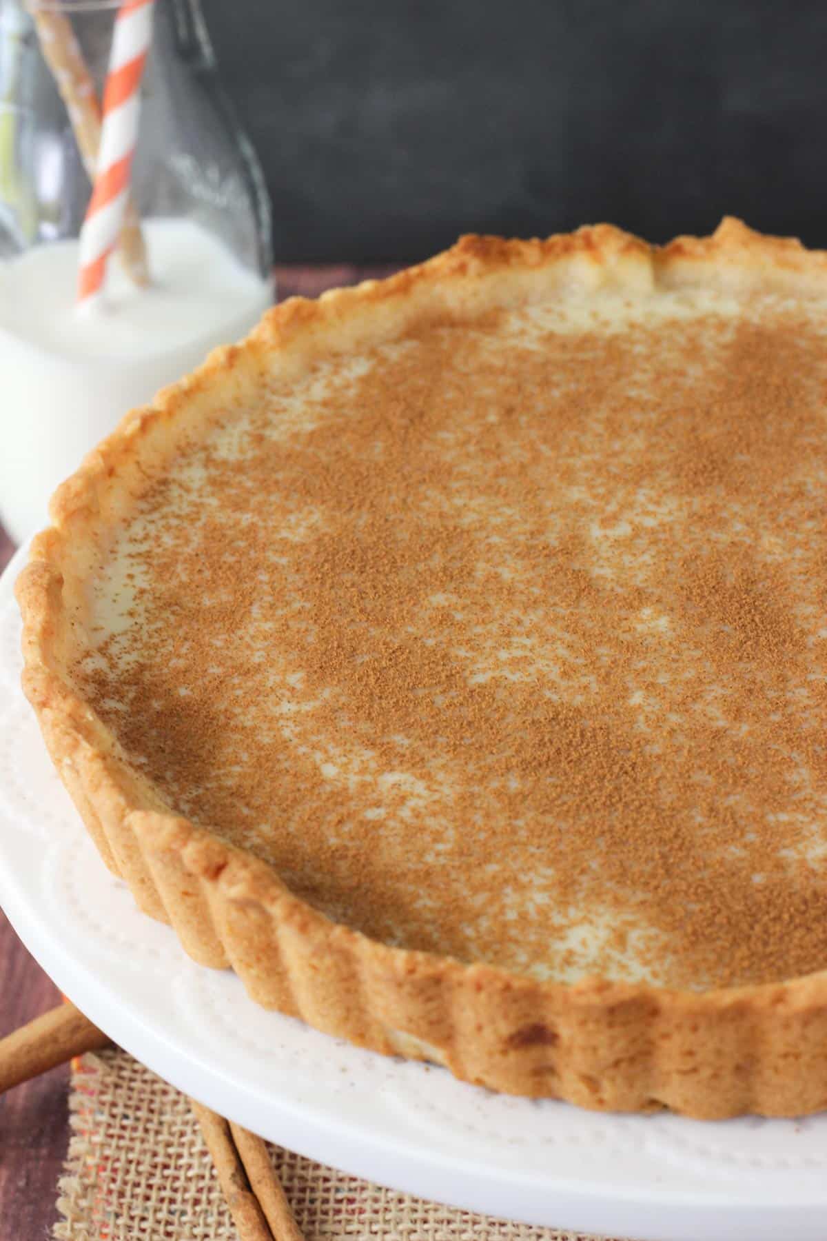 Close up of a milk tart.