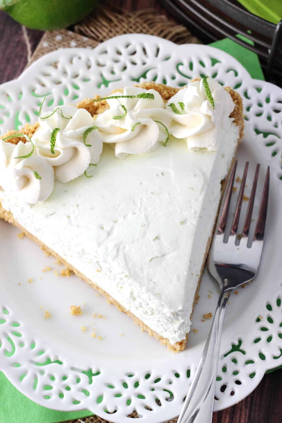 Top view of a slice of no bake margarita pie.