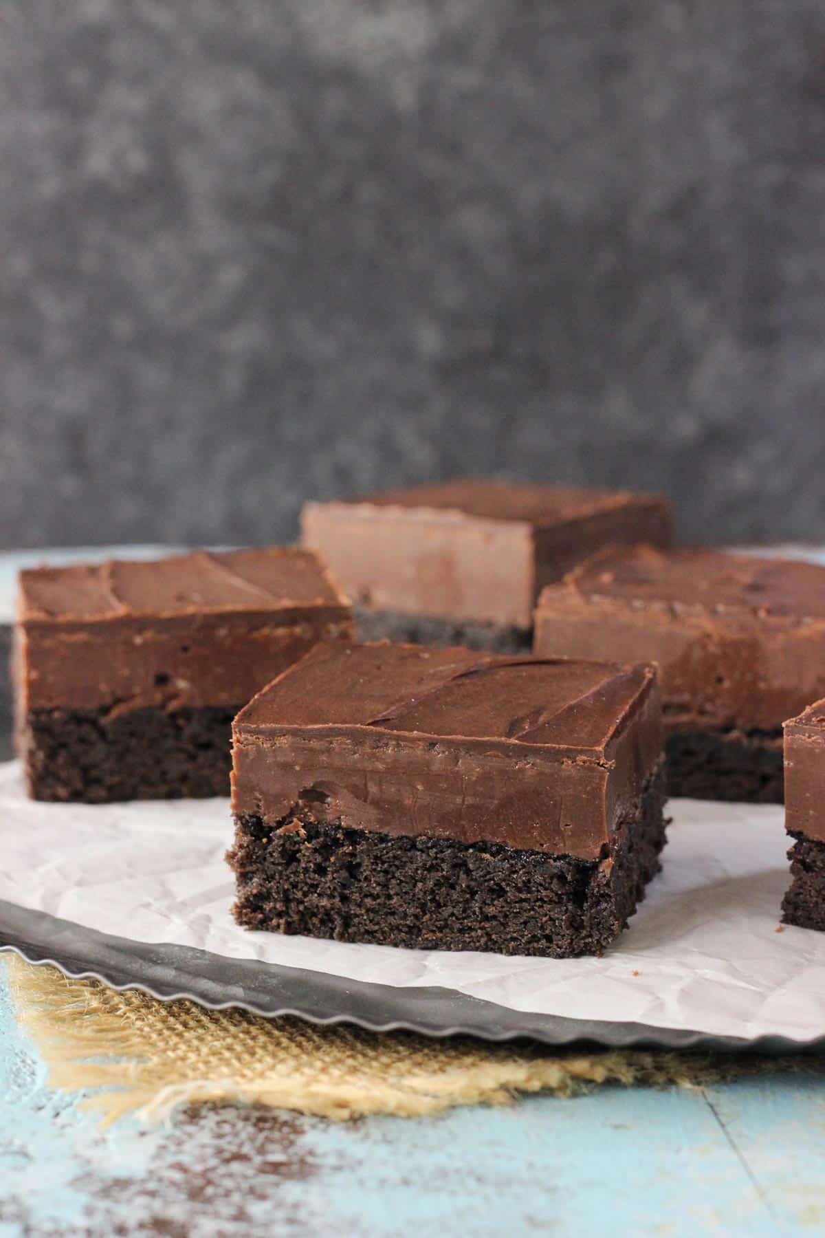 Close up of Nutella fudge brownies on a tray.