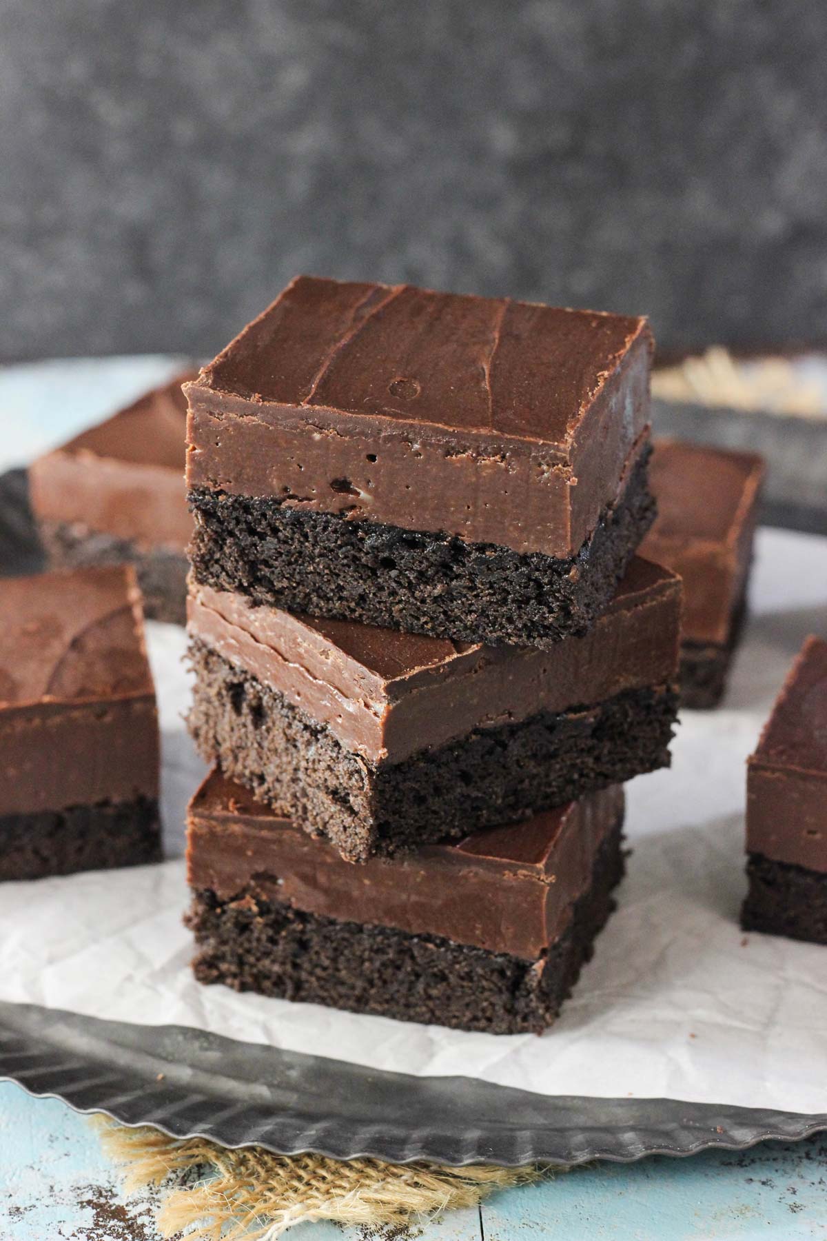 Top view of a stack of 3 Nutella fudge brownies.