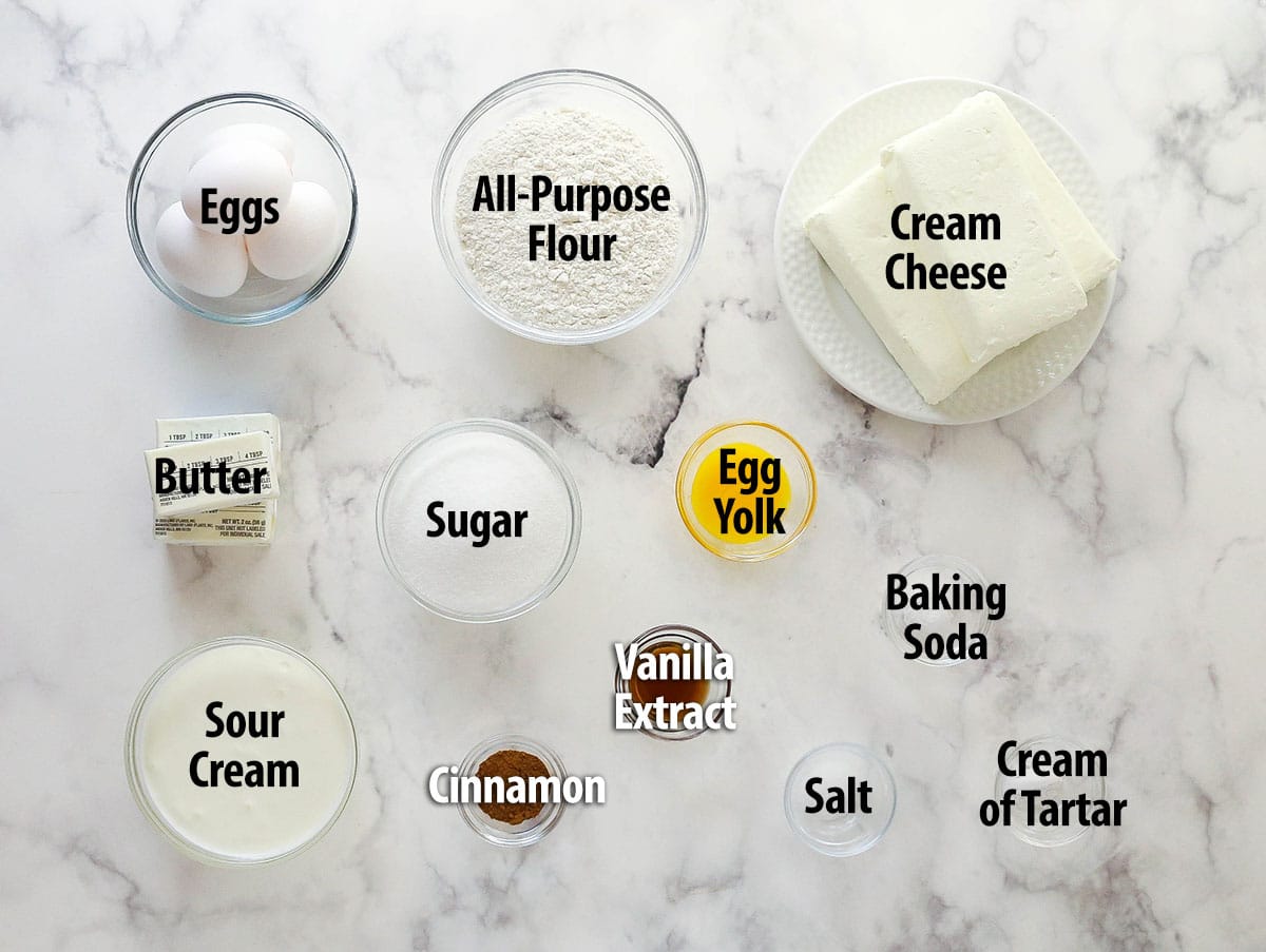 Labeled ingredients for snickerdoodle cheesecake.
