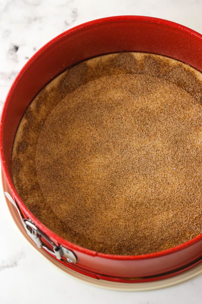 A springform pan with parchment paper lining the bottom, sprinkled with cinnamon sugar.