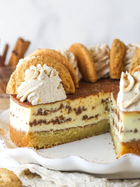 Snickerdoodle cheesecake with a slice or two taken out of it.