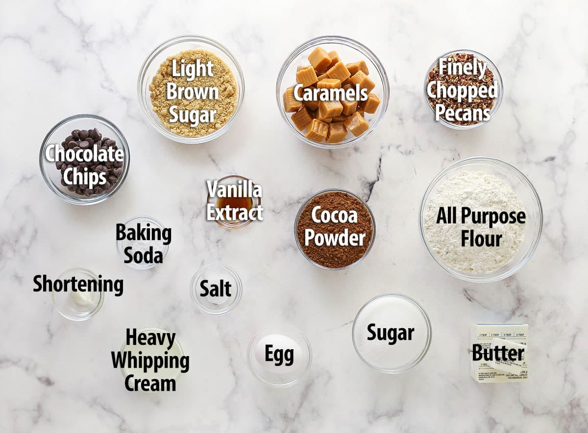 These decadent turtle thumbprint cookies feature a rich chocolate base, gooey caramel center, and crunchy pecan coating. Wow! Labeled ingredients for turtle thumbprint cookies.