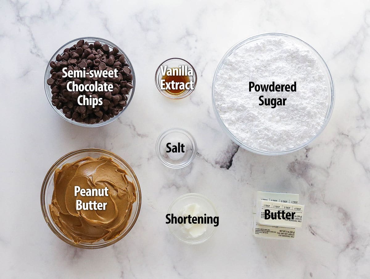 These Buckeyes have the perfect smooth and creamy texture with a sweet, nutty peanut butter and chocolate flavor. No baking required! Overhead view of ingredients needed to make buckeyes