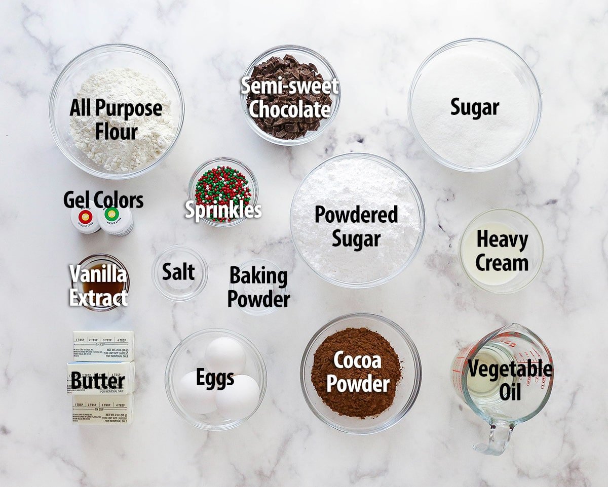 ingredients for Christmas tree brownies on marble background