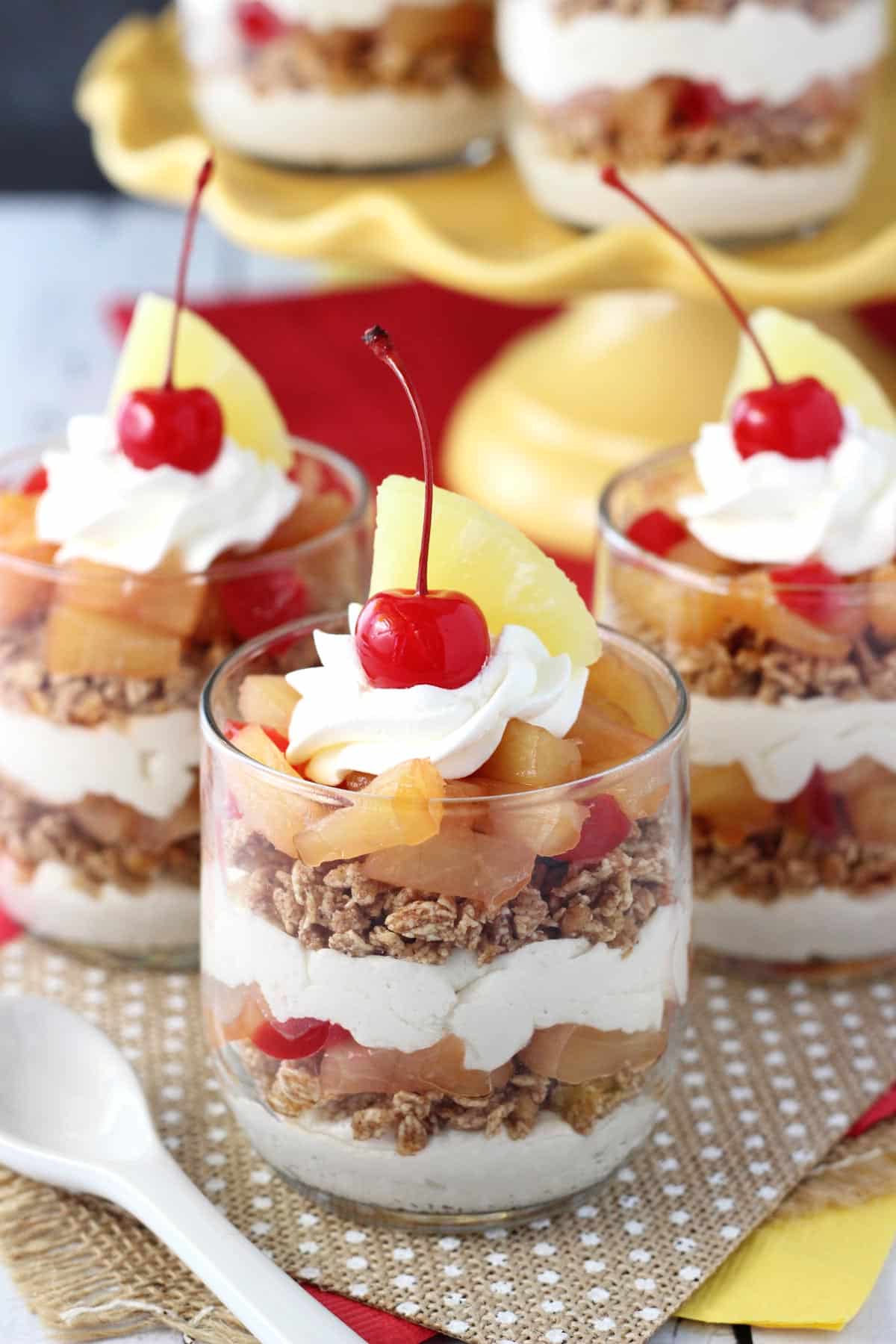 Close up of 3 Pineapple Upside Down Trifles.