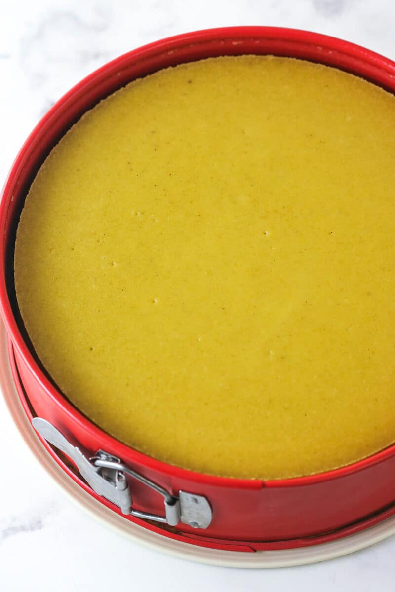 baked pistachio cheesecake in springform pan