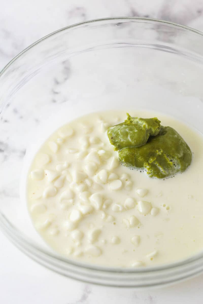pistachio ganache ingredients in glass bowl