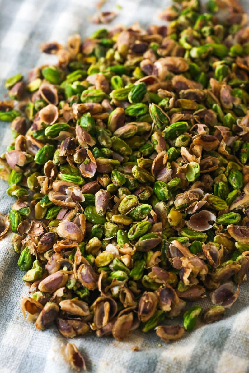 blanched pistachios on a towel