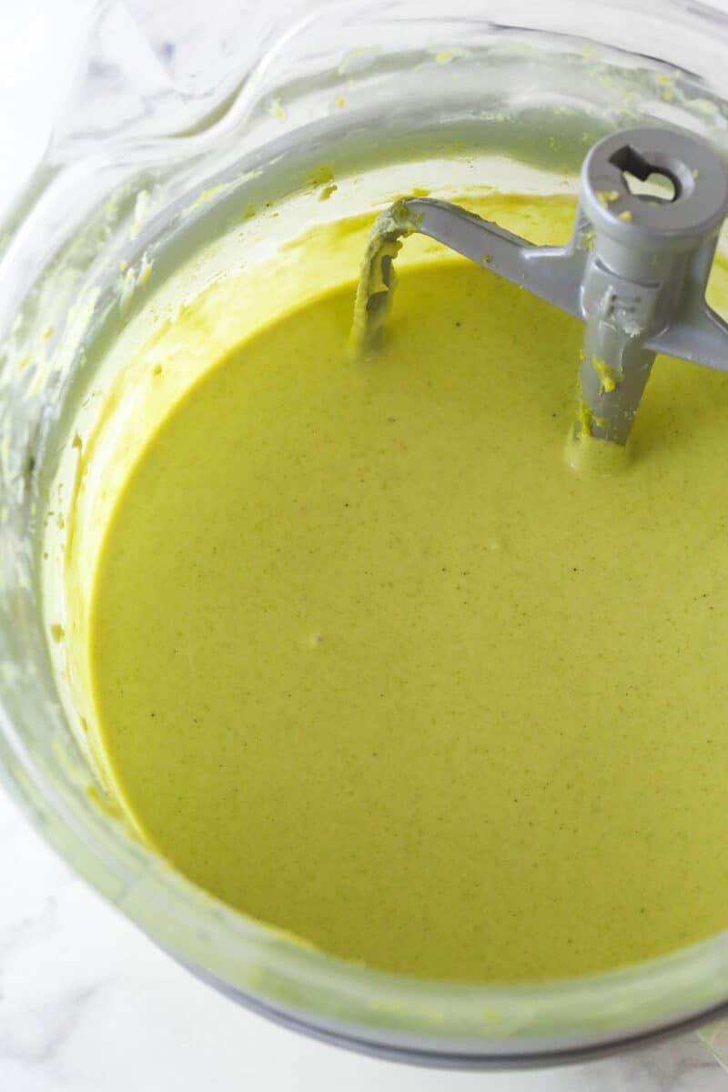 fully combined cheesecake filling in mixing bowl