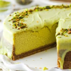 pistachio cheesecake with slice removed