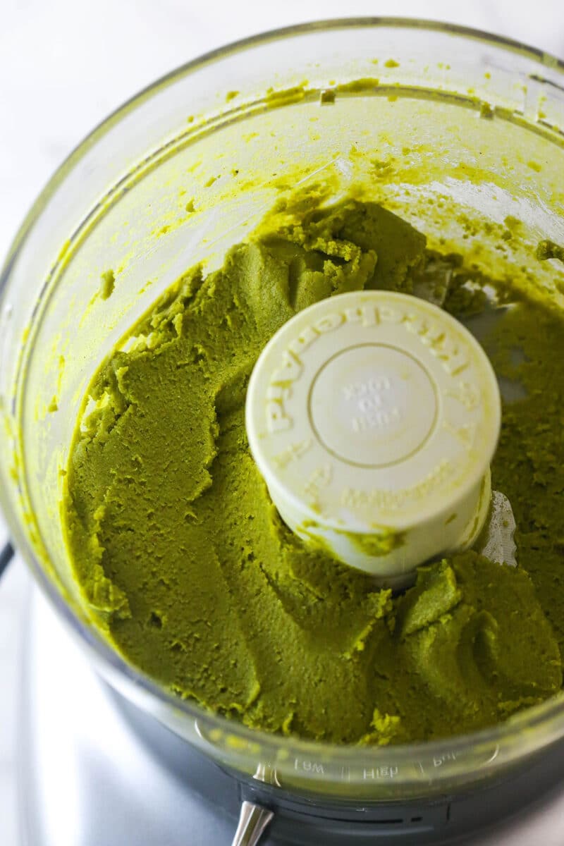 Smooth pistachio paste in a food processor