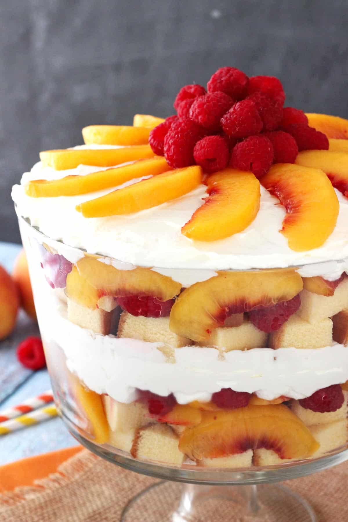 Raspberry Peach Sangria Trifle Close up of the topping on a raspberry peach sangria trifle.