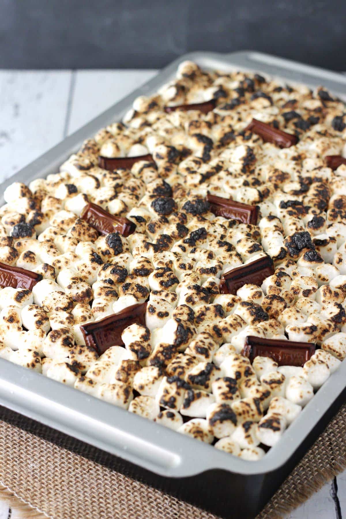A baking pan filled with smores icebox cake.