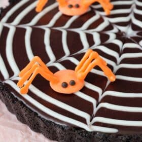 Close up of a spiderweb chocolate tart with two candy spiders on top.