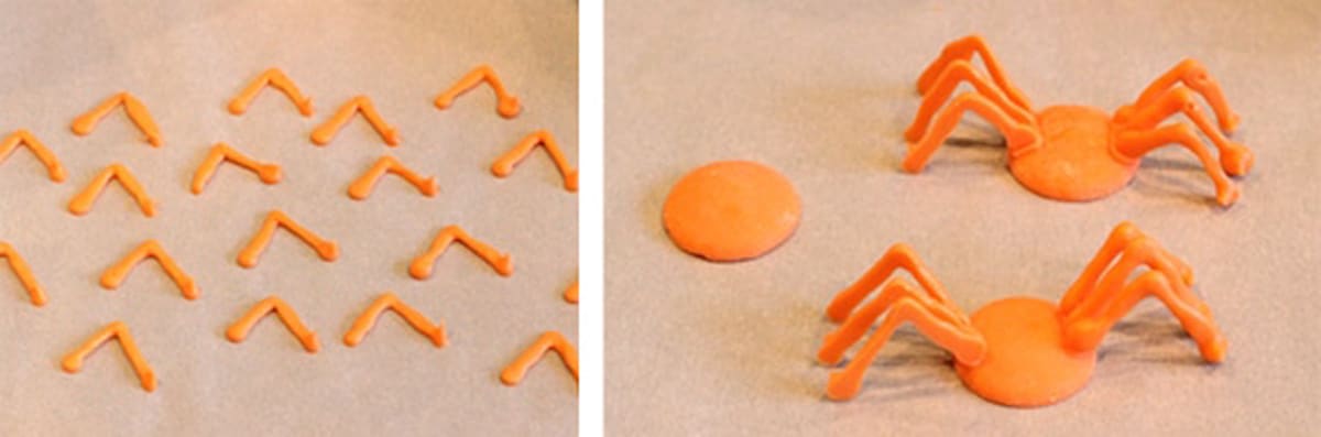 Two photo collage of how to make and attach legs to a candy spider.