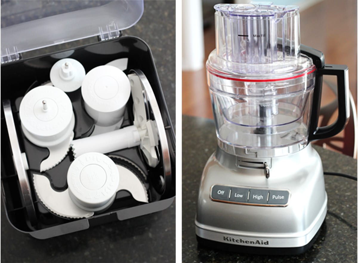 Two photo collage of a KitchenAid food processor.