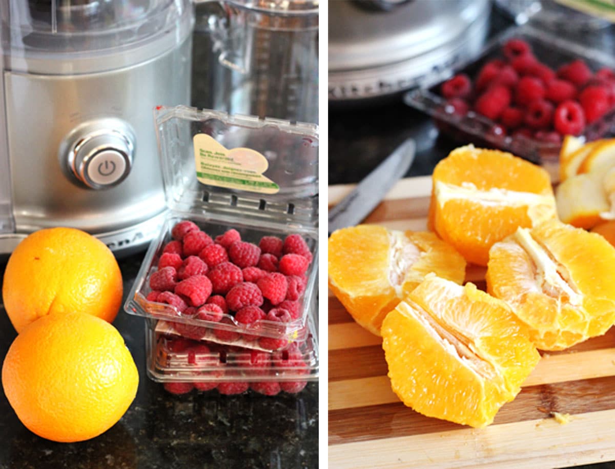 Two photo collage of oranges and raspberries.
