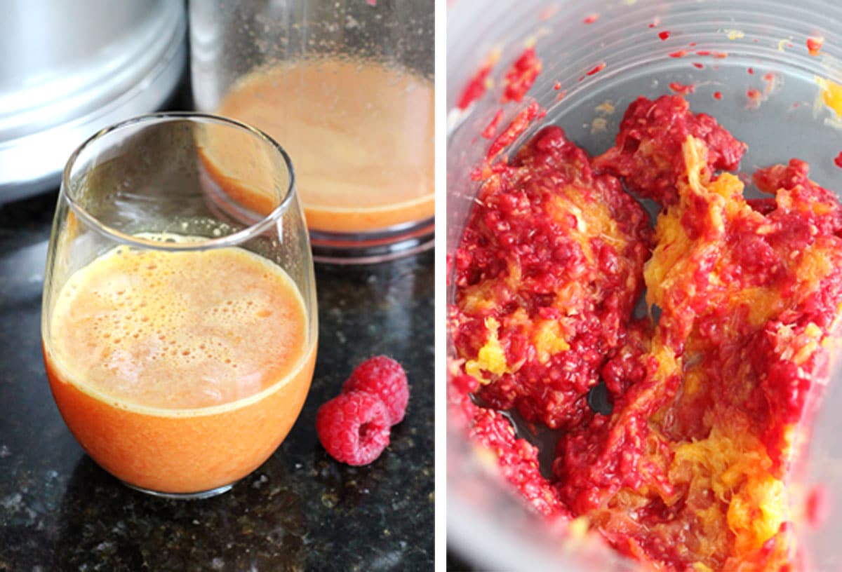 Two photo collage of orange juice and raspberry-orange pulp.