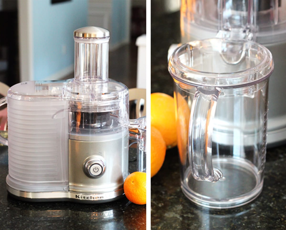 Two photo collage of a KitchenAid juicer.