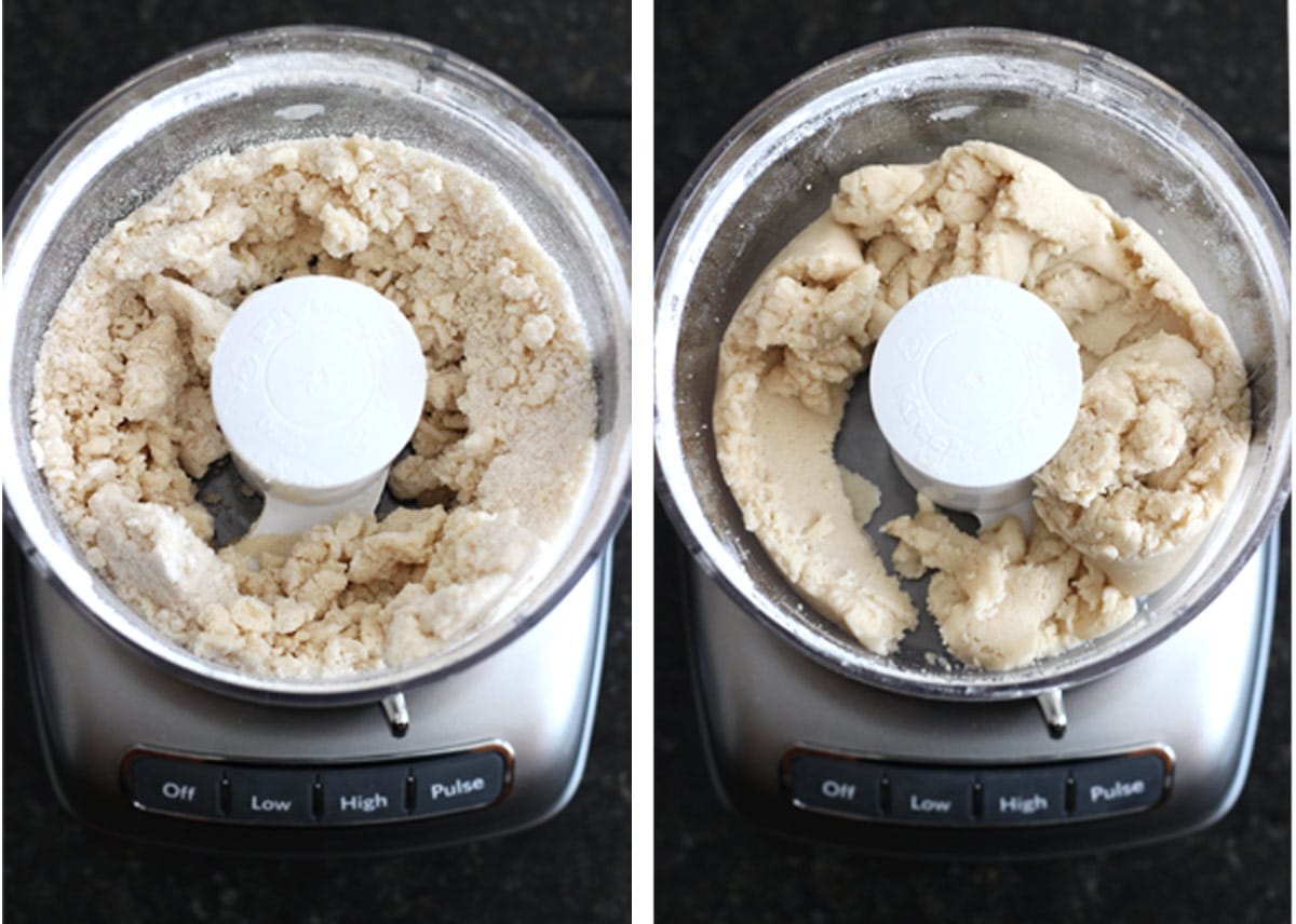 Two photo collage of making shortbread in a food processor.