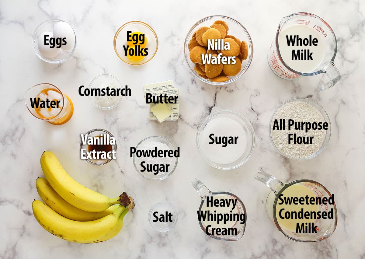 Labeled ingredients recipe for banana pudding pie