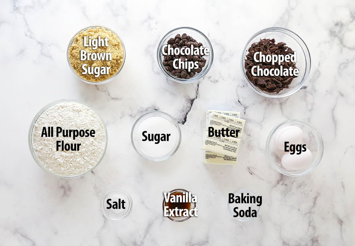 These Brown Butter Chocolate Chip Cookies take classic chocolate chip cookies to a whole new level, with a rich and slightly nutty flavor. Overhead view of labeled ingredients for brown butter chocolate chip cookies
