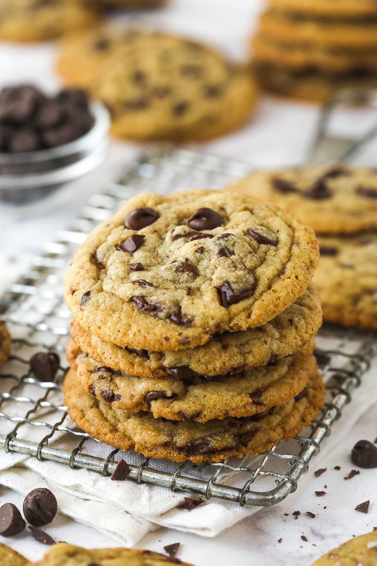 These Brown Butter Chocolate Chip Cookies take classic chocolate chip cookies to a whole new level, with a rich and slightly nutty flavor. A stack of brown butter chocolate chip cookies