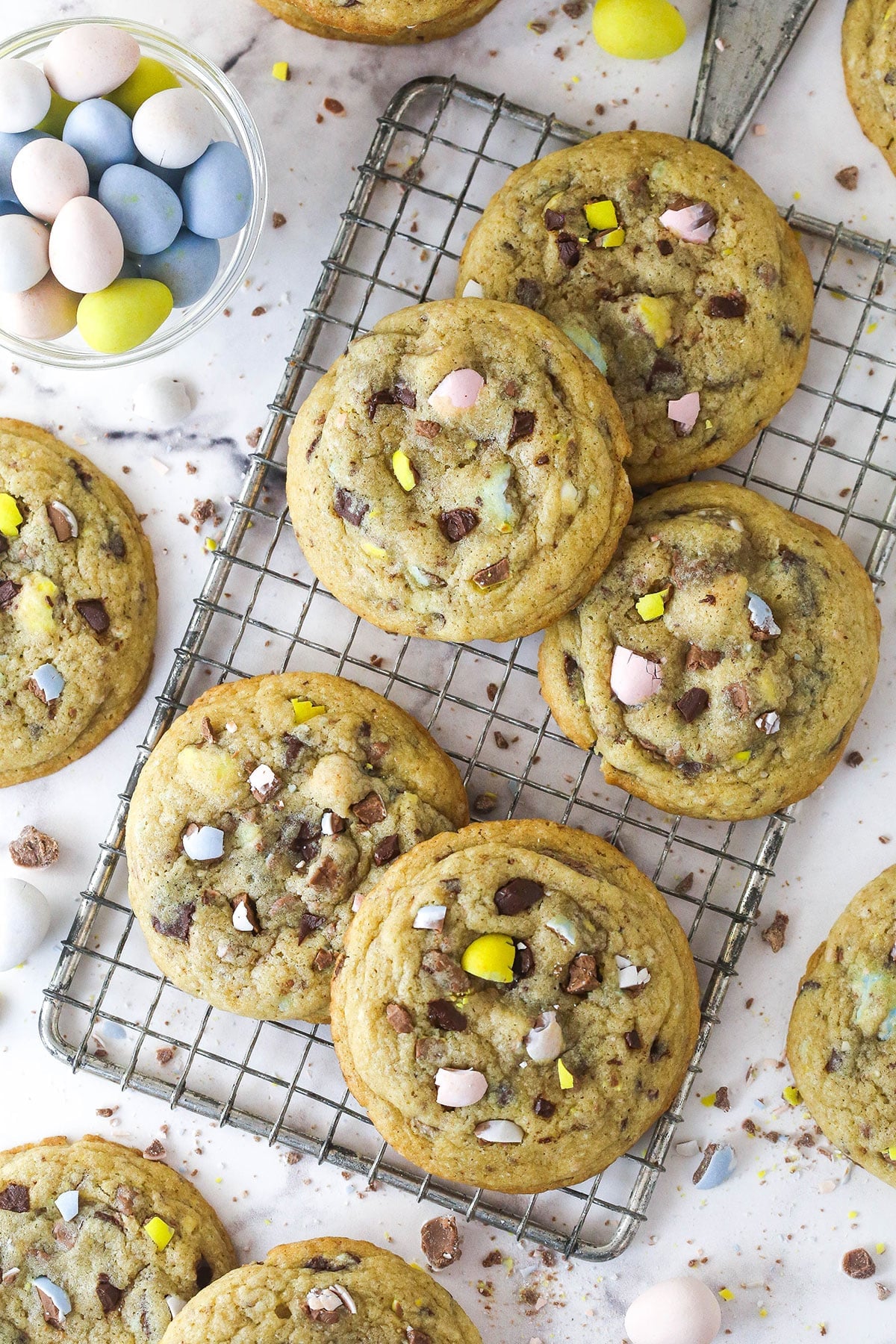 Overhead view of Cadbury egg cookies on a cooling rack