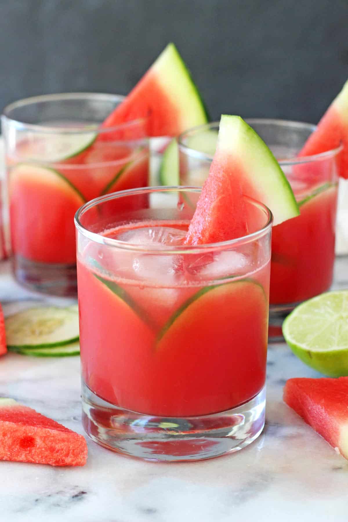 Close up of three watermelon elderflower cocktails.