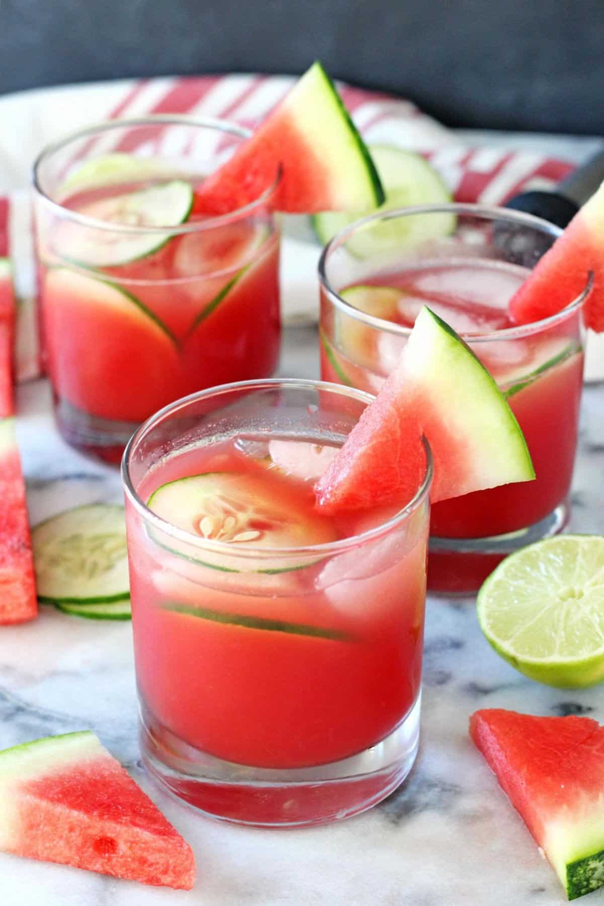 Close up of three glasses of watermelon elderflower cocktails.