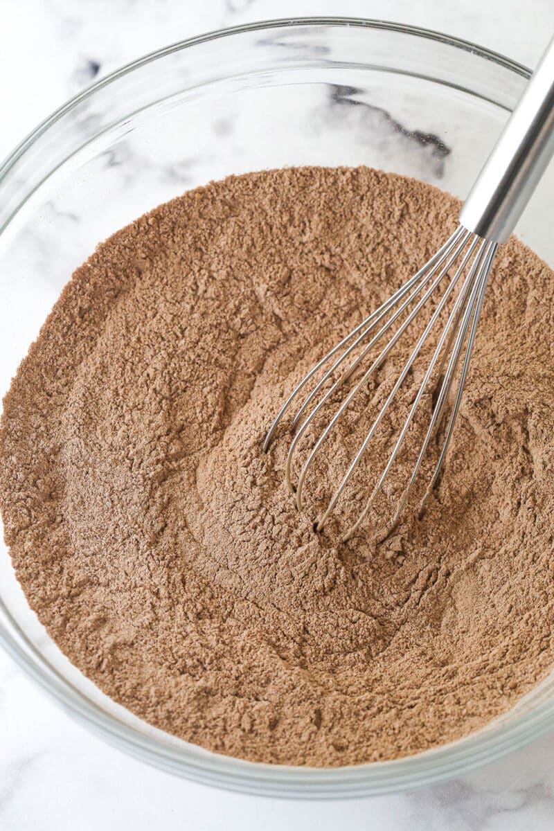These Black Bottom Cupcakes combine two desserts in one with a rich chocolate cupcake and a creamy chocolate chip cheesecake filling. Whisking dry cupcake ingredients together