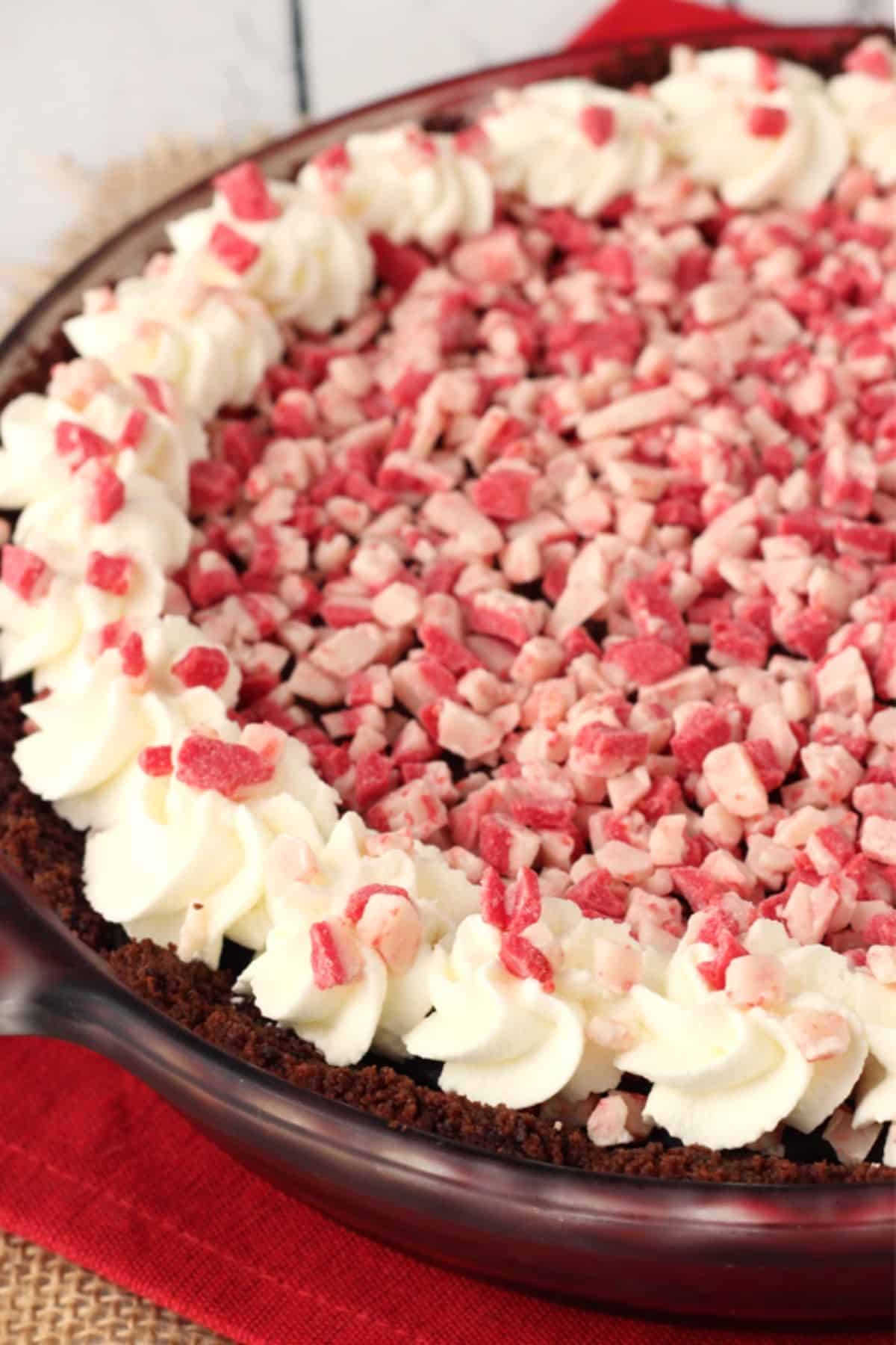 Close up of the top of a Brownie Brittle peppermint chocolate pie.